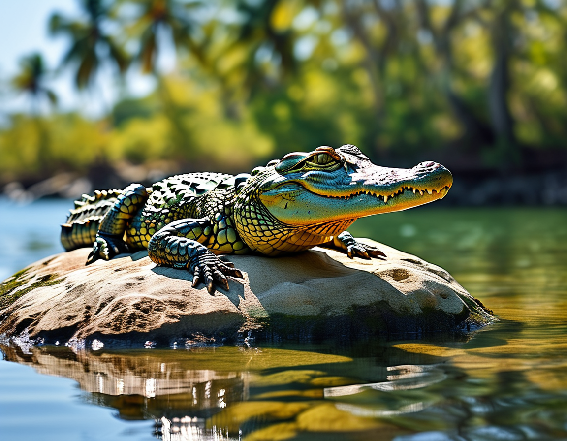 Visitors observing Burt the Crocodile with awe, standing at the edge of the water, capturing the excitement of interacting with this legendary creature.