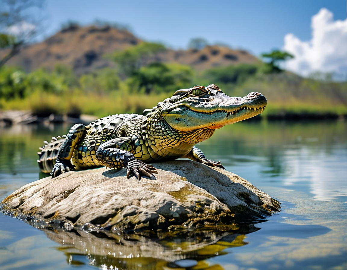 A close-up of Burt the Crocodile's powerful jaws and piercing eyes, highlighting the majestic and fierce nature of one of the world's most famous reptiles.