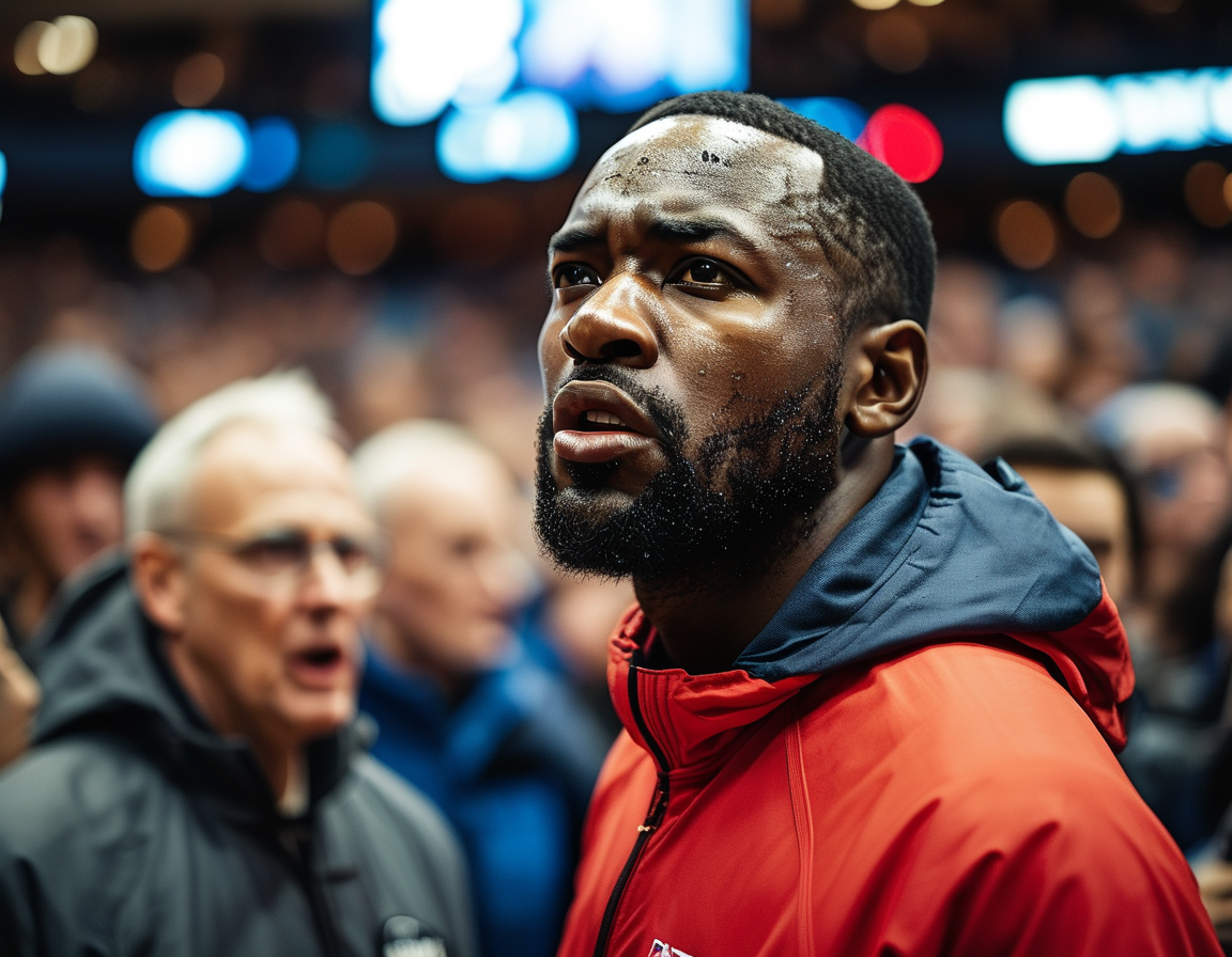 A packed Wells Fargo Center with fans showing mixed emotions as Joel Embiid argues with referees post-ejection, capturing the heated atmosphere of the game.