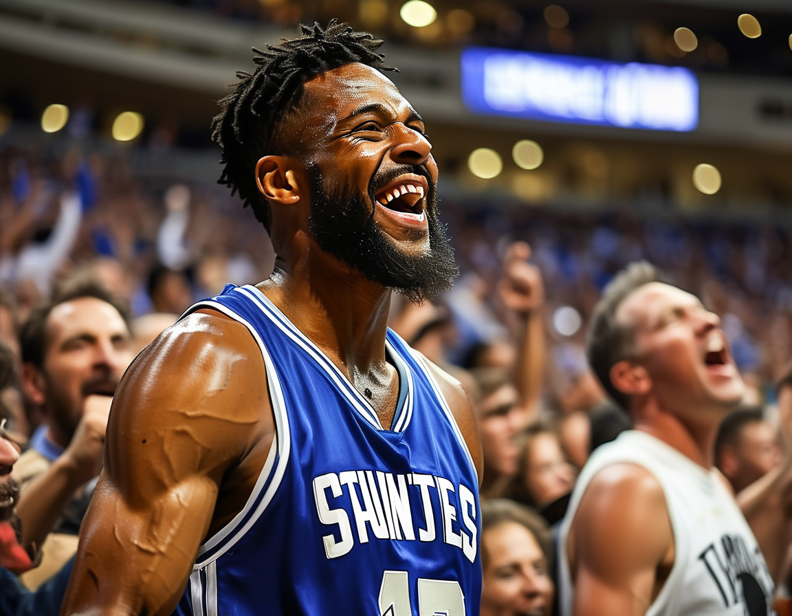 Tyrese Maxey celebrates on the court after scoring a crucial basket, with fans cheering in the stands, showcasing the intense atmosphere of the game against the Spurs.