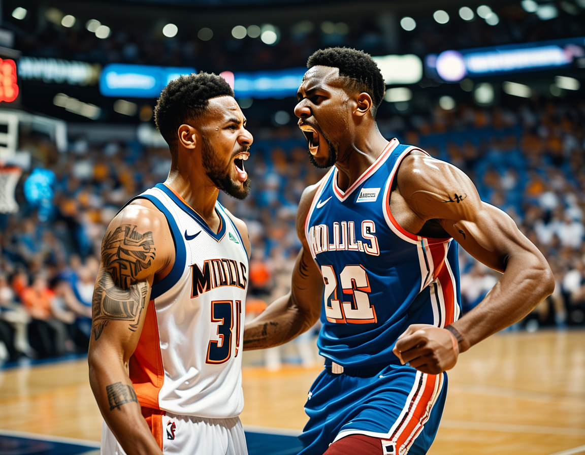 An intense on-court moment showcasing Malik Beasley and Anthony Davis engaging in a heated exchange during a game, with fans in the background reacting passionately.