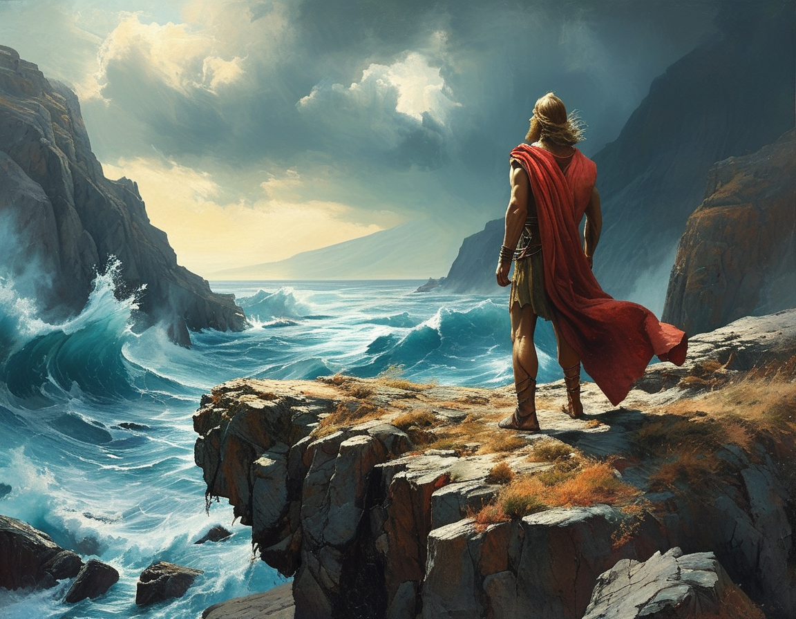 A dramatic scene depicting Odysseus standing on a cliff overlooking a stormy sea, symbolizing his journey filled with challenges and longing for home.