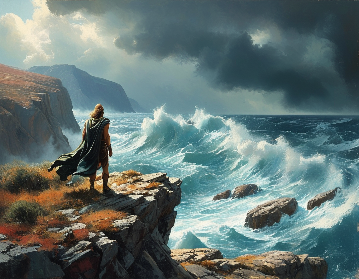 An intense action shot of a fierce battle between Odysseus and mythical creatures, showcasing the epic scale and tension of the film adaptation.