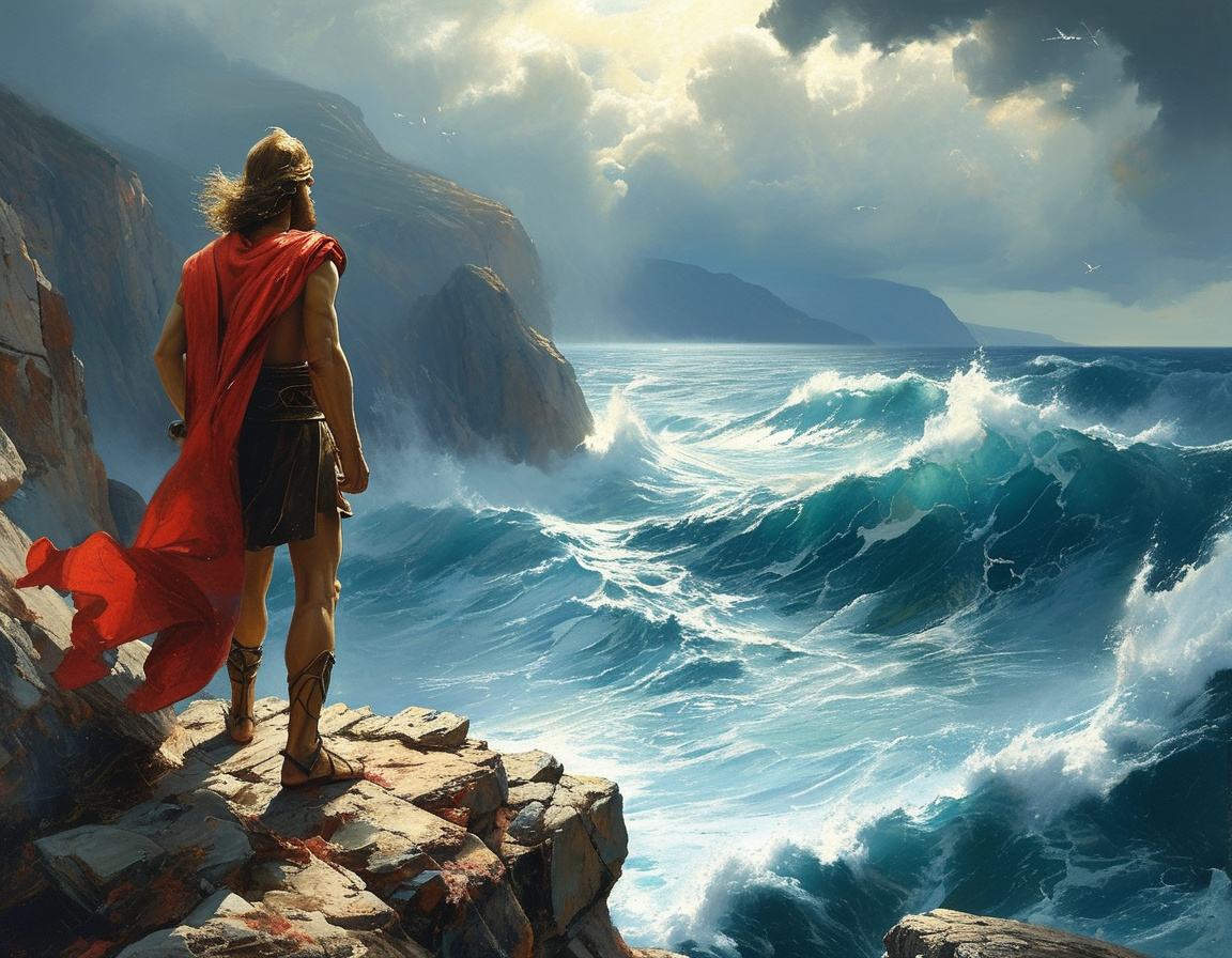 A serene moment where Odysseus gazes at a distant shoreline, representing hope and the emotional depth of his journey through the trials of The Odyssey.
