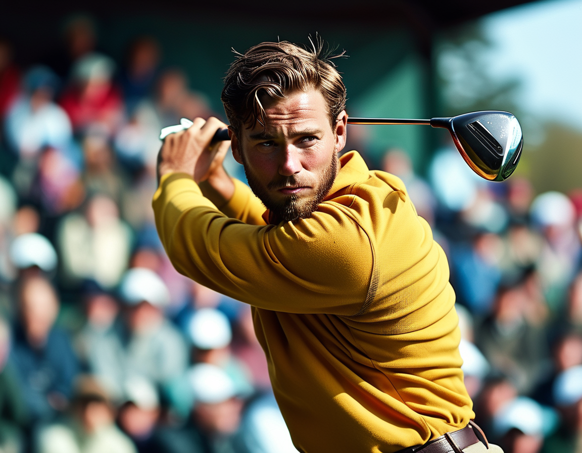 An action shot of Frederik Kjettrup swinging a golf club on the course, showcasing his youthful energy and determination as he competes on a sunny day.