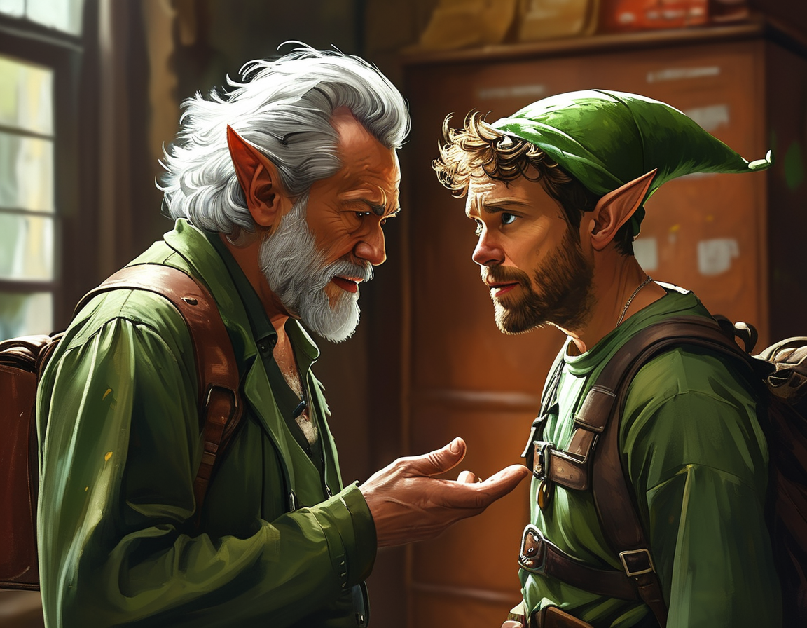 A scene from 'Elf' showing Will Ferrell as Buddy the Elf interacting with Mark Acheson as the Mailroom Guy, capturing the humorous essence of their improvised exchange.