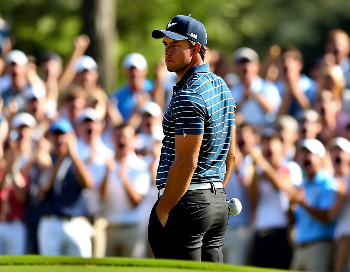 An image depicting Scottie Scheffler in action during a golf tournament, showcasing his focused demeanor and skill on the green, with the crowd in the background celebrating his performance.