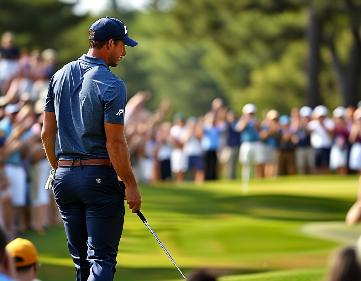 A montage of legendary golfers, including Tiger Woods and Jordan Spieth, providing insights into Scottie Scheffler’s character and achievements, set against the backdrop of a golf course during a tournament.