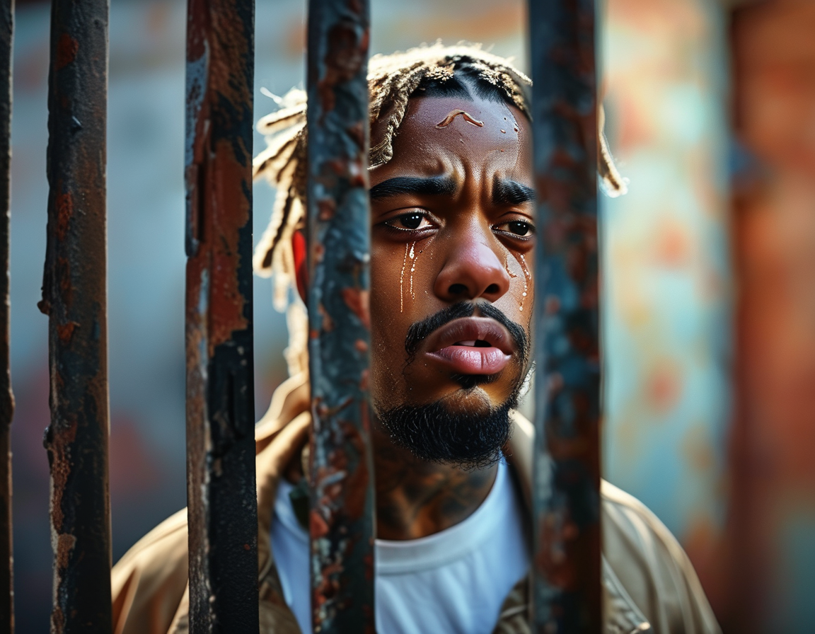 A split image featuring Leena Sayed and Young Thug, each with contemplative expressions, conveying the weight of their words amidst swirling media attention.