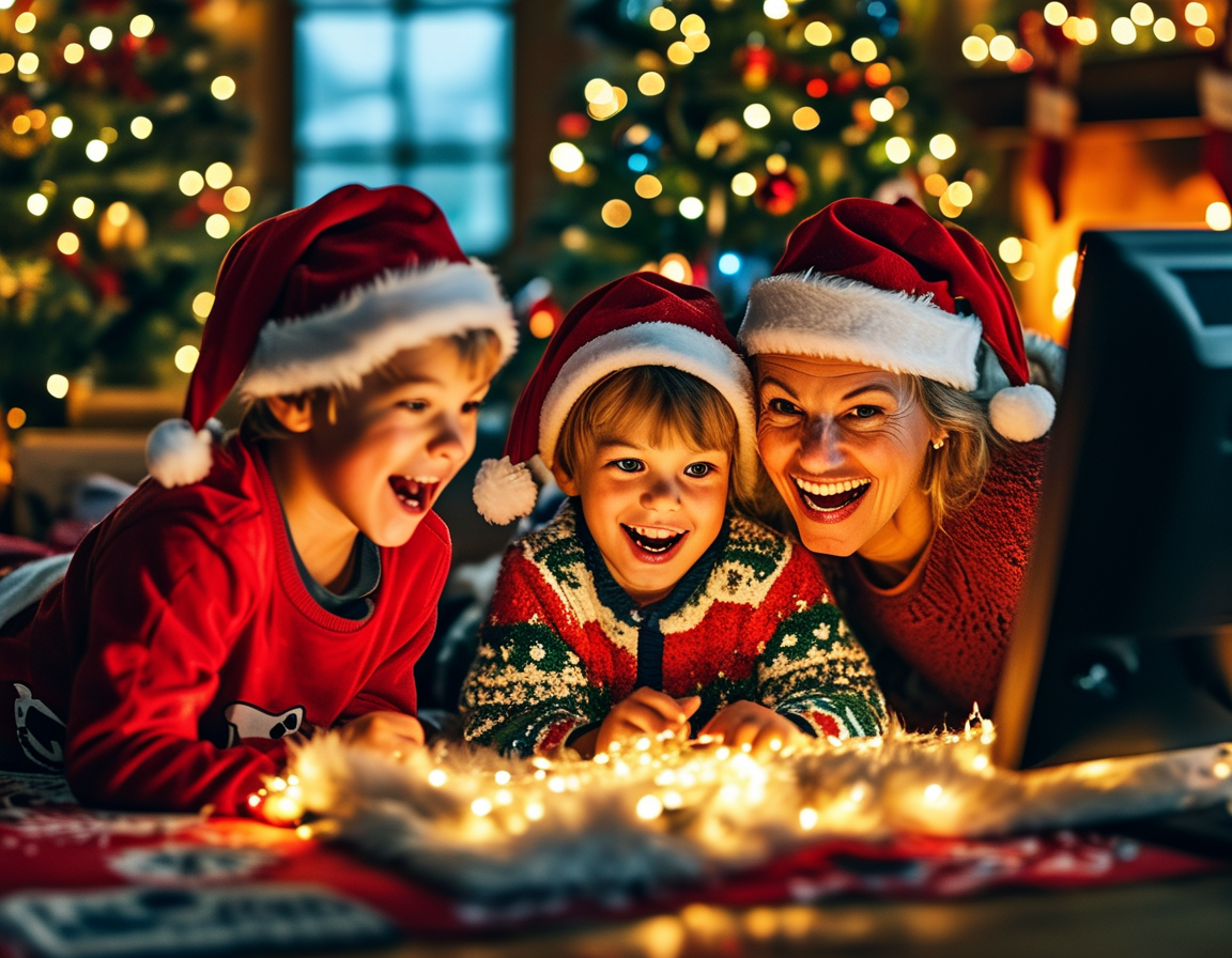 A festive family gathered around a computer on Christmas Eve, excitedly tracking Santa's journey across a virtual map filled with holiday decorations and twinkling lights.