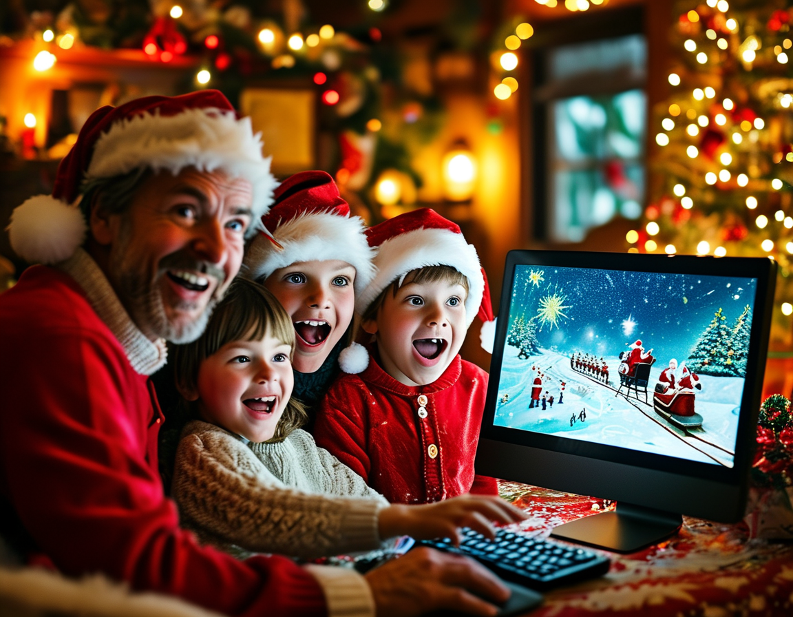 Children with wide eyes, watching the NORAD Santa Tracker on a screen, with Christmas stockings hanging in the background and a cozy fireplace lit nearby.