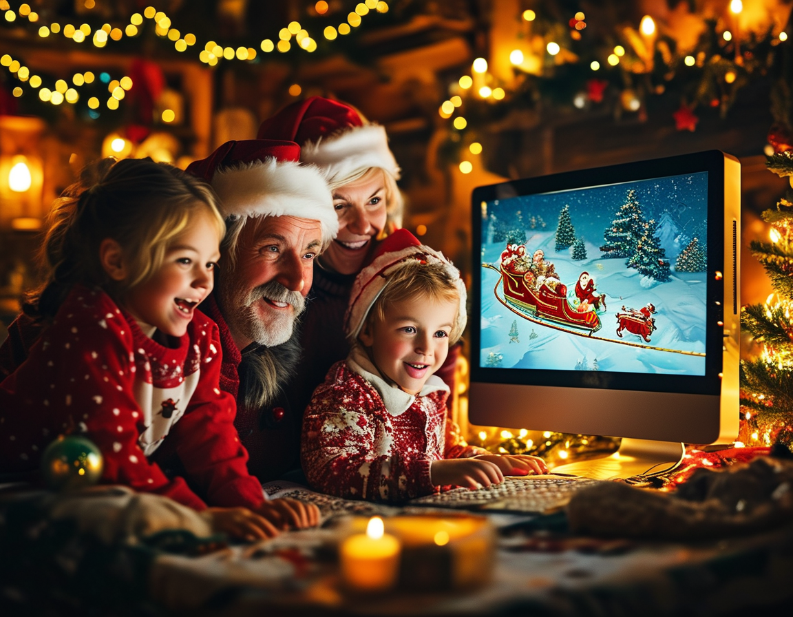 A close-up of a smartphone displaying the Santa tracker app, surrounded by holiday cookies and milk, symbolizing the festive anticipation of Christmas Eve.