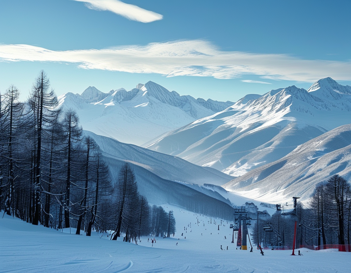 A serene view of a snowy ski resort, contrasting with the tragedy, showcasing peaceful slopes under a clear blue sky, symbolizing the beauty and danger of winter sports.