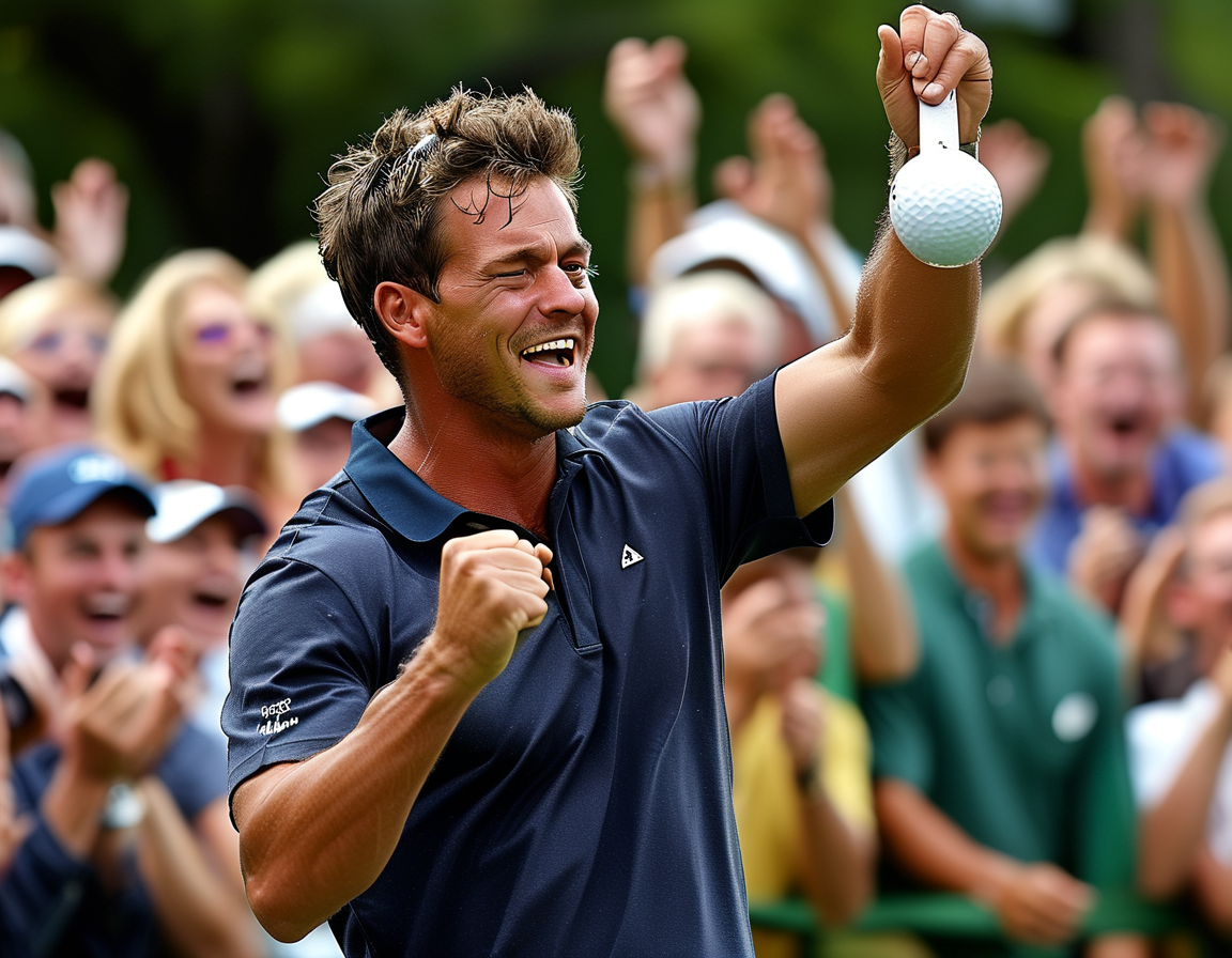 An emotional moment captured as Padraig Harrington joyfully celebrates his son Paddy's hole-in-one on the golf course, surrounded by excited fans cheering in the background.