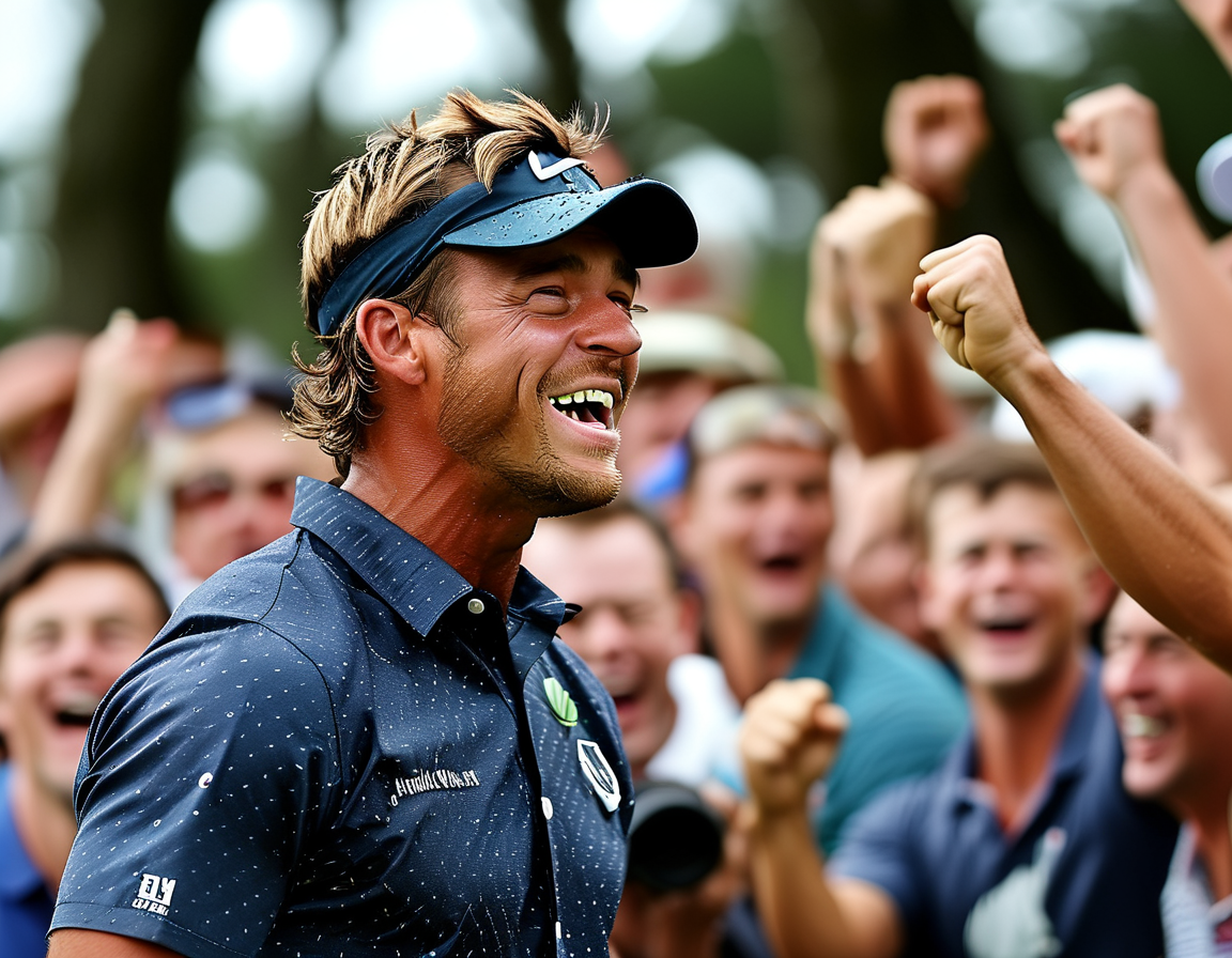 Paddy Harrington, triumphant and smiling, holding his golf club with his father Padraig embracing him in the background, embodying the joy and pride of a perfect game.
