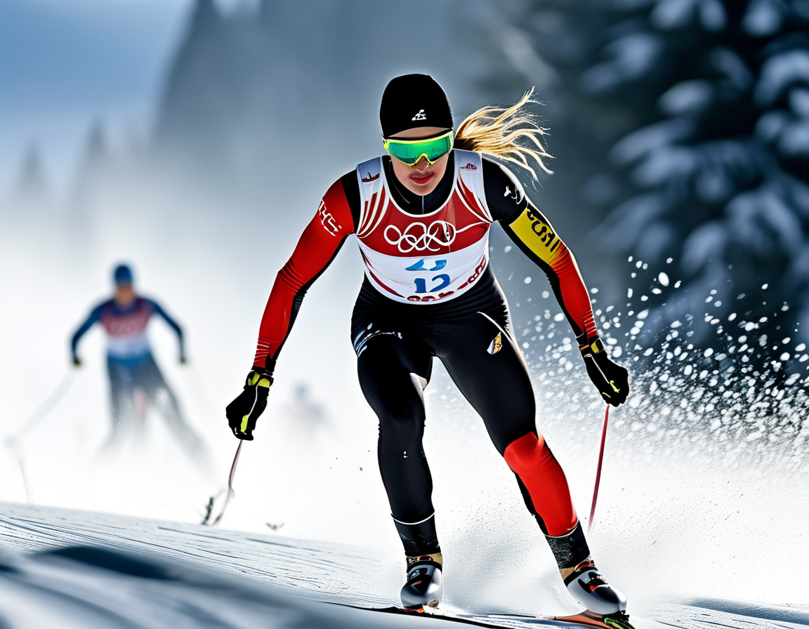 A dynamic image of Sophie Hediger in action during a snowboard cross competition, showcasing her athleticism and determination on the slopes amidst a snowy backdrop.