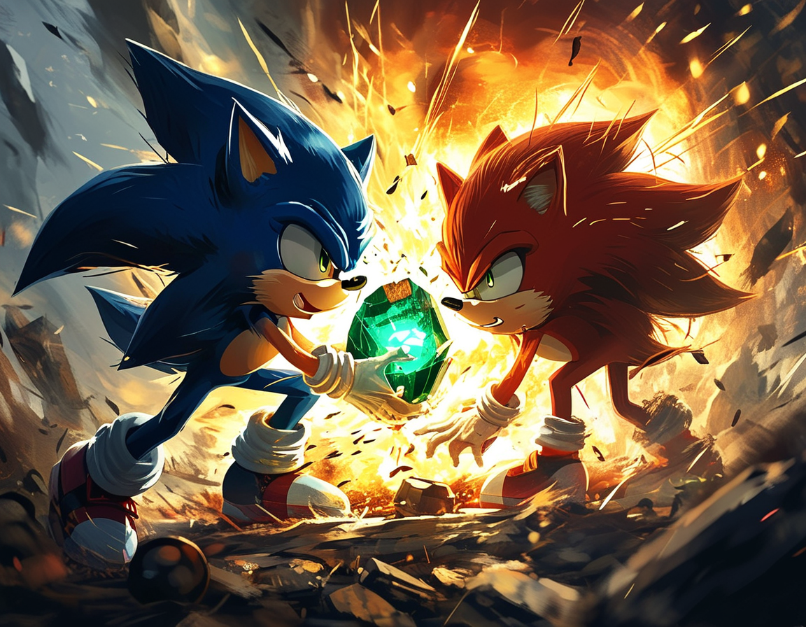 A dramatic scene depicting Sonic and Shadow clashing amidst an explosion, with the Chaos Emeralds glowing in their hands, symbolizing their emotional struggles and contrasting identities.