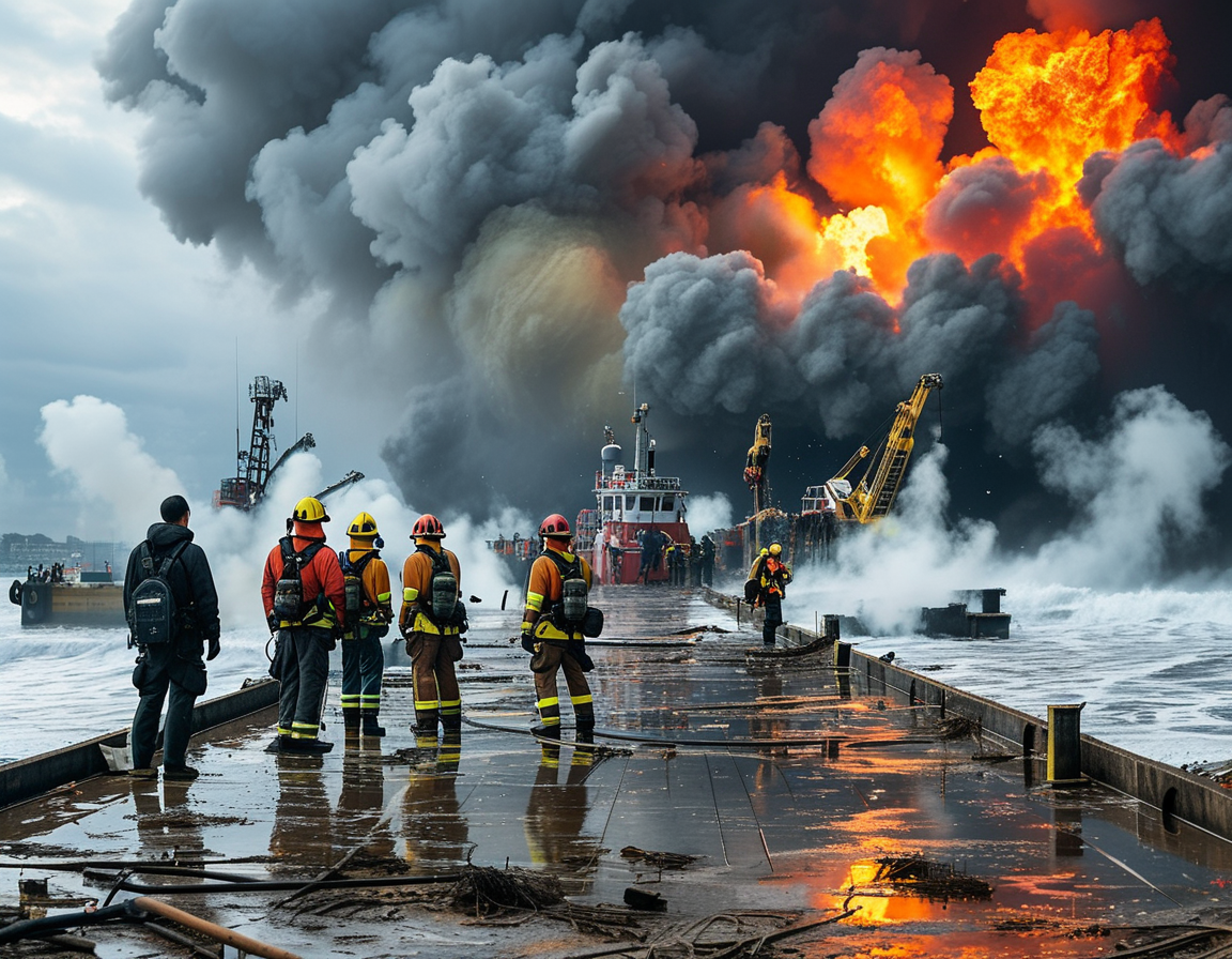 A chaotic scene at Lauderdale Marina showing emergency responders extinguishing flames near the dock where the boat explosion occurred. Smoke billows as bystanders watch anxiously.
