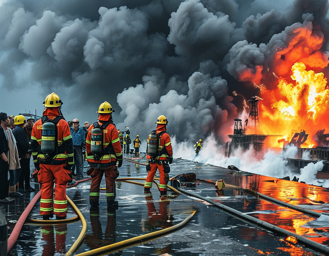 Emergency vehicles and rescue teams gather at Lauderdale Marina, with firefighters working diligently to control the aftermath of the explosive incident. The shocked community watches in disbelief.