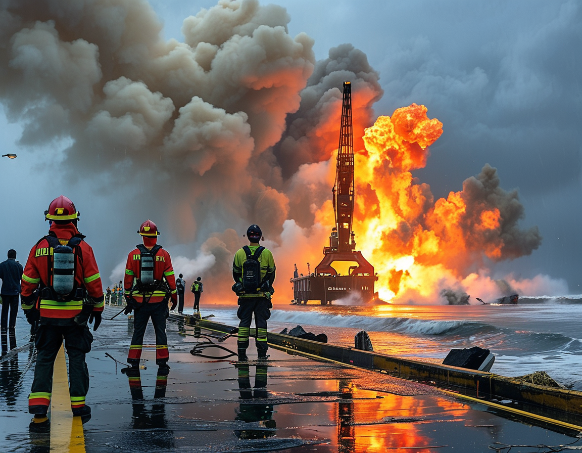A close-up of the damaged boat dock at Lauderdale Marina, surrounded by emergency response teams and equipment. Evidence of the explosion remains visible amidst the chaos.