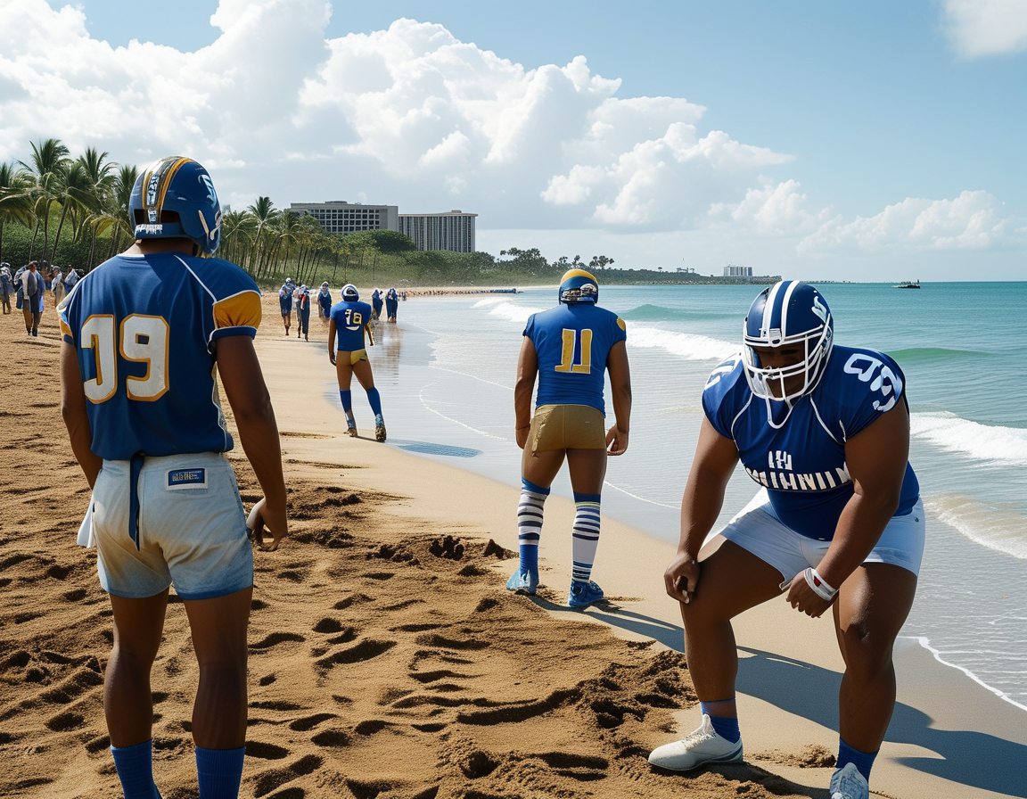 A vibrant scene of college football players from South Florida and San Jose State preparing for the Hawaii Bowl on a beach backdrop, showcasing excitement and anticipation.