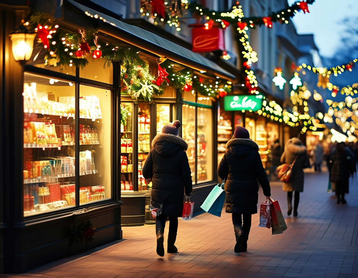 A busy family looking for gifts in a convenience store decorated for Christmas, symbolizing the hustle and bustle of last-minute holiday shopping.