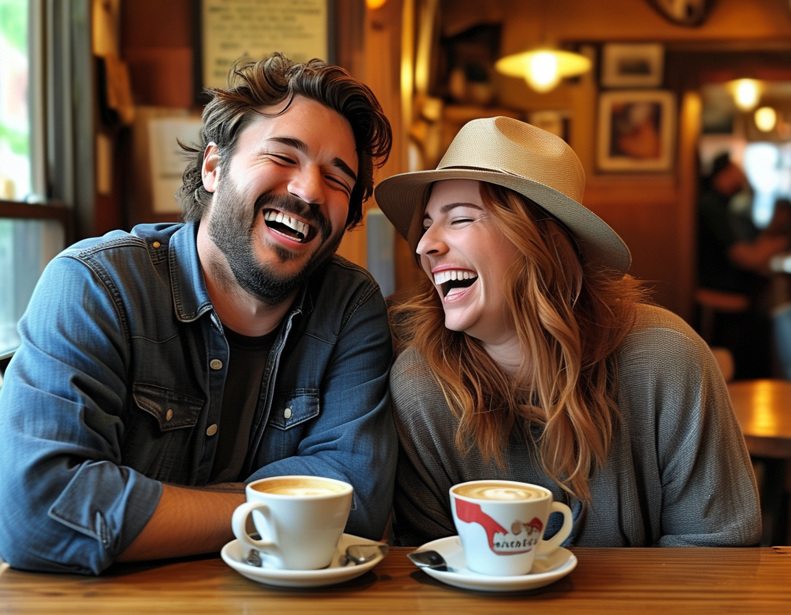 A candid shot of Nate and Laura Bargatze laughing together at a cozy café, highlighting their joyful relationship and shared journey in comedy and family life.