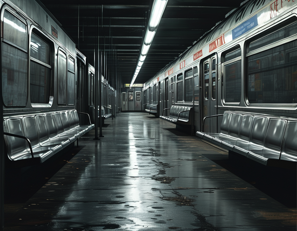 A somber NYC subway scene showcasing an empty train compartment, emphasizing the eerie silence post-tragedy and the harsh realities of urban life.