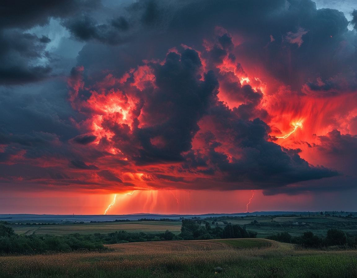 A breathtaking view of red sprites illuminating the dark sky above a thunderstorm in the distance, captured in a remote rural area, highlighting the contrast between the storm clouds and the vibrant red flashes.