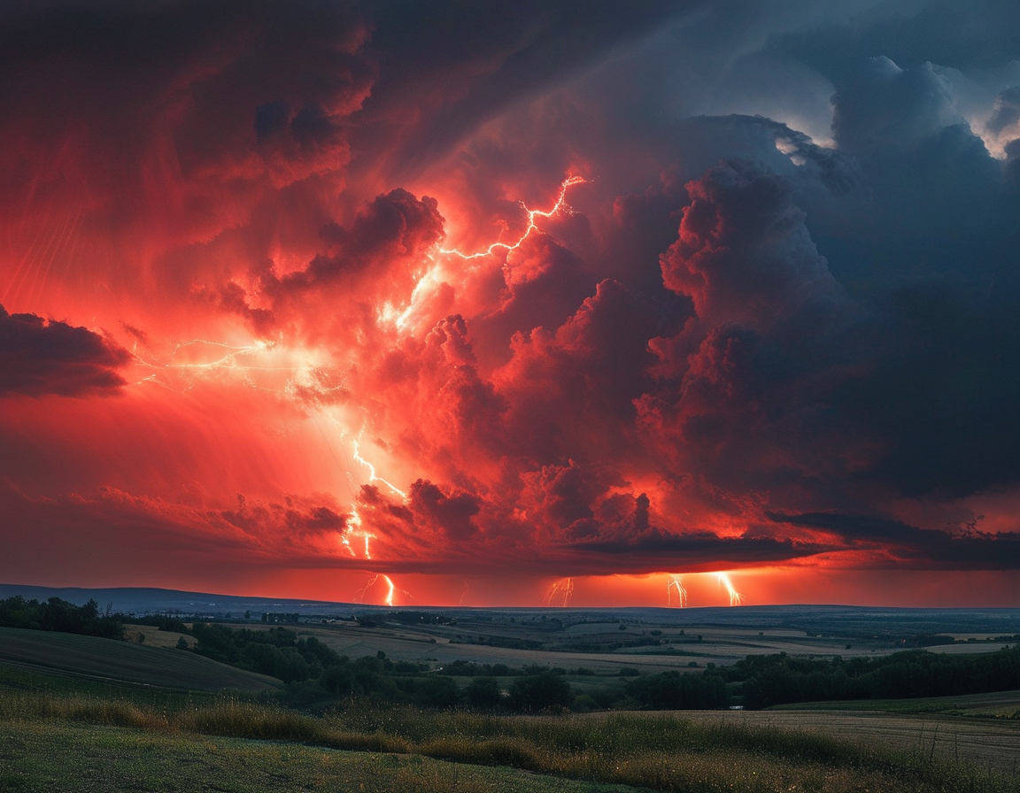 A time-lapse photography shot showcasing the elusive red sprites dancing above the horizon during a thunderstorm, with a silhouette of distant mountains featured below.