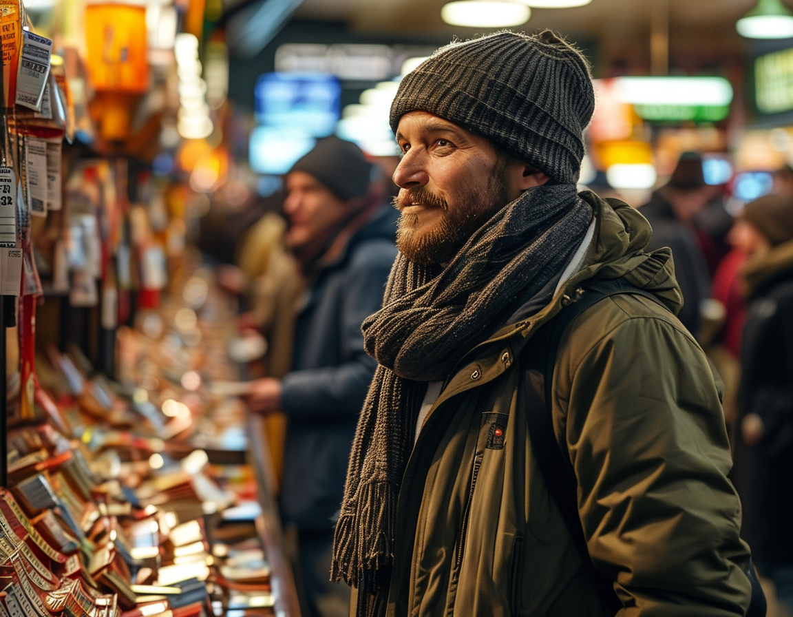 A bustling lottery retail store in downtown Minneapolis filled with hopefuls buying Mega Millions tickets, capturing the thrill and excitement of the $1 billion jackpot.