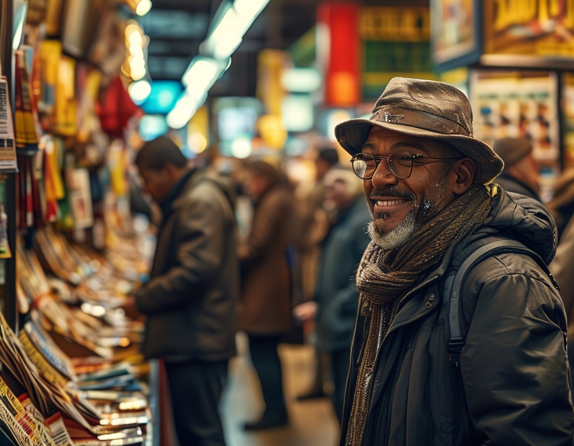 Players of diverse backgrounds discussing their dreams and aspirations as they wait in line to purchase lottery tickets during the holiday season.