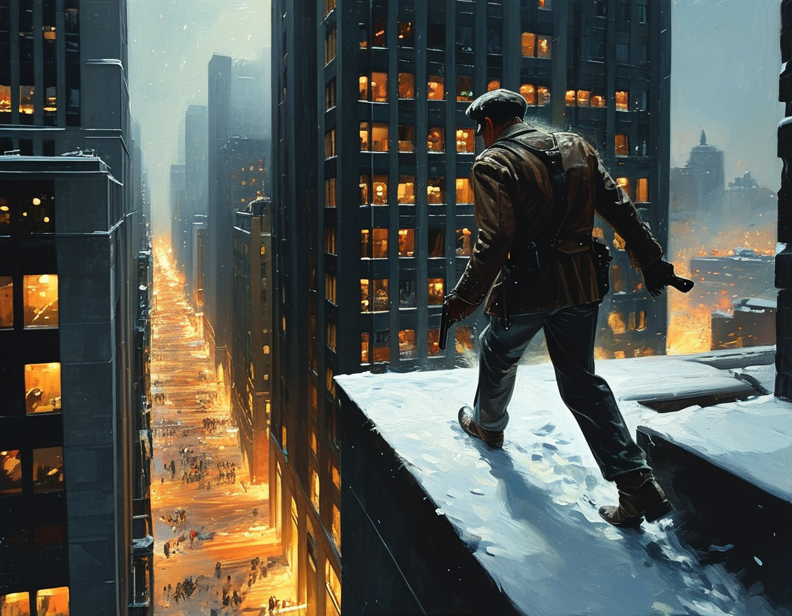 A dynamic scene portraying John McClane, barefoot and armed, navigating the high-rise Nakatomi Plaza amidst gunfire and chaos on Christmas Eve, embodying courage and resilience.