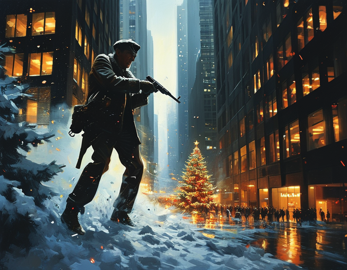 An intense showdown between John McClane and Hans Gruber in the Nakatomi Plaza, showcasing their contrasting personalities in a battle of wits marked by suspense and humor.