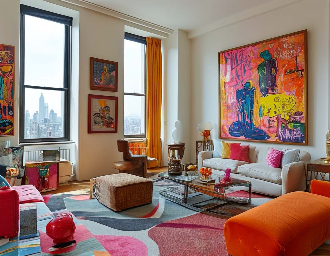 An elegant New York penthouse adorned with vibrant Pop art pieces, showcasing works by renowned artists like Chuck Close and Jeff Koons, reflecting the couple's exquisite taste and artistic vision.