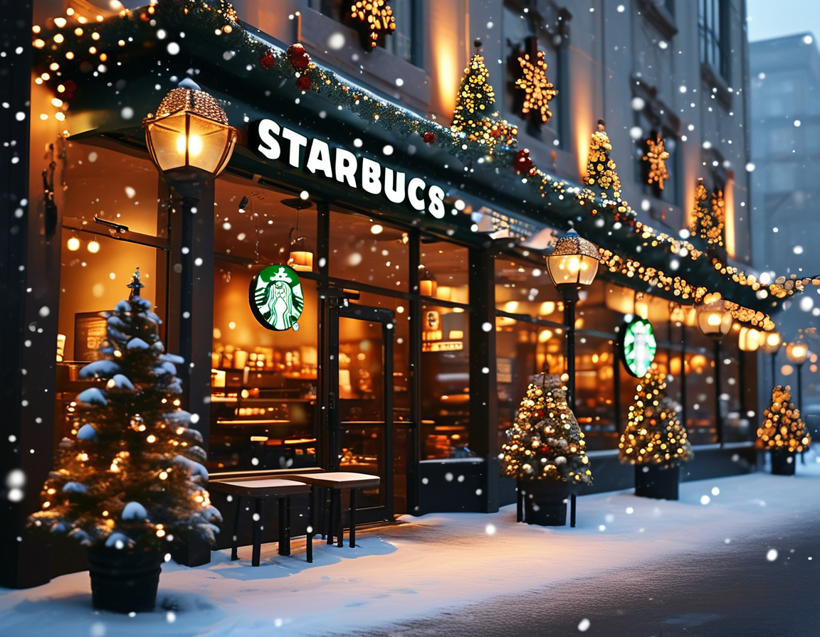 An inviting Starbucks storefront adorned with Christmas decorations, featuring warm lighting and a holiday-themed sign indicating Christmas hours. Snow can be seen gently falling outside, enhancing the cozy atmosphere.