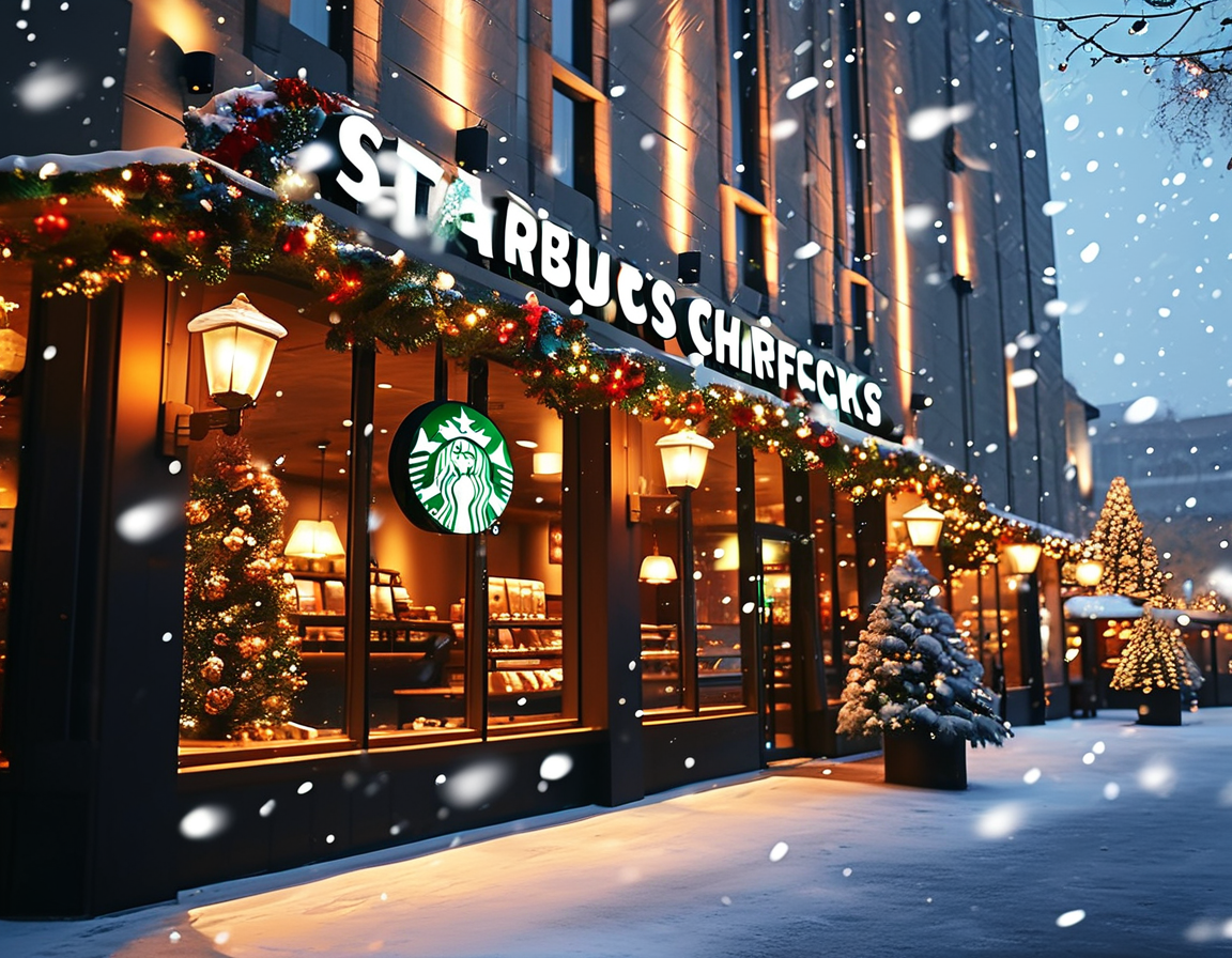 A close-up of a festive Starbucks coffee cup with holiday designs, placed on a wooden table next to a sprinkled pastry, representing a warm treat during the holiday season.