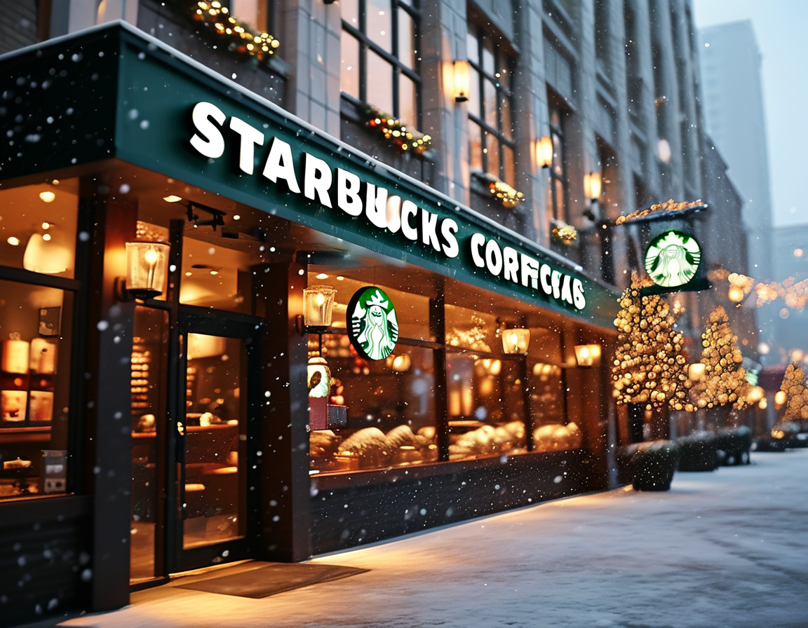 A busy Starbucks location filled with customers enjoying their drinks and pastries, some using their phones to check store hours, capturing the holiday hustle and bustle.