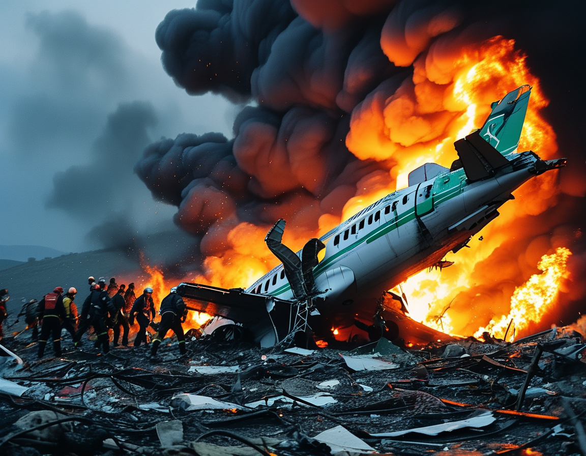 A dramatic scene showing the aftermath of the Azerbaijani airliner crash in Kazakhstan, with emergency responders working amidst the wreckage and flames.