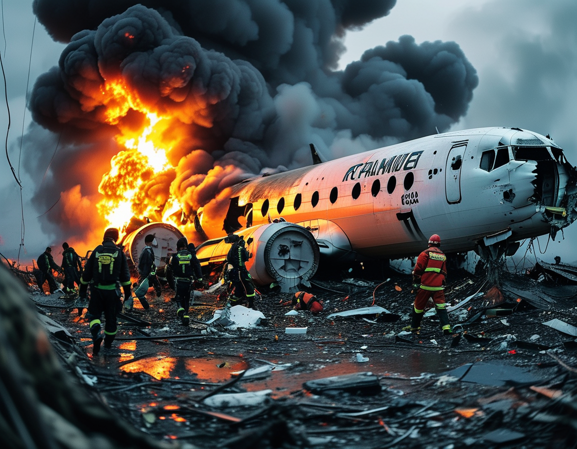 Rescue teams searching for survivors among the debris of the crashed Embraer 190, with smoke rising from the site, showcasing the urgency of the situation.