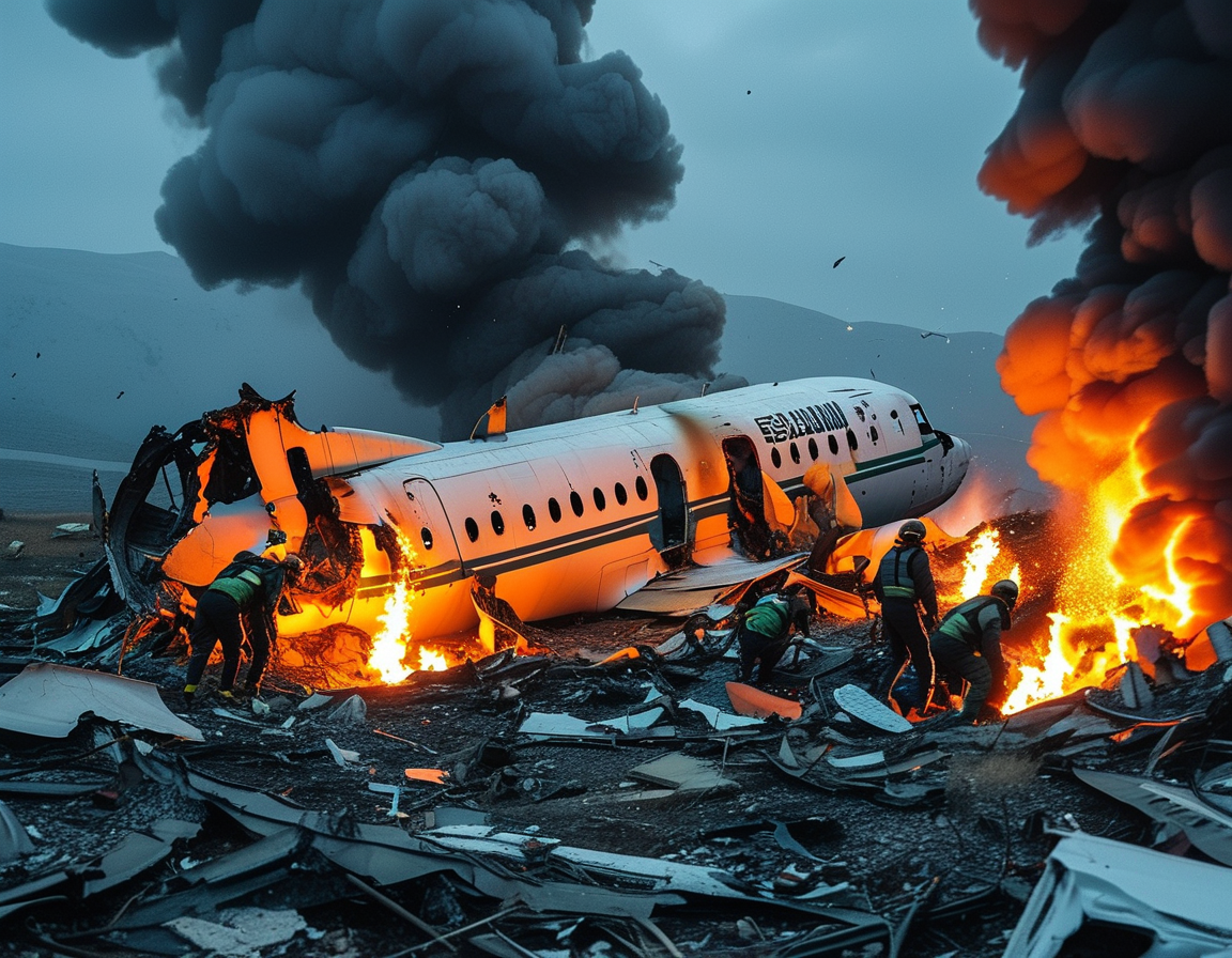 An aerial view of the crash site in Aktau, featuring the mangled fuselage of the aircraft, highlighting the scale of the tragedy and rescue efforts ongoing at the scene.