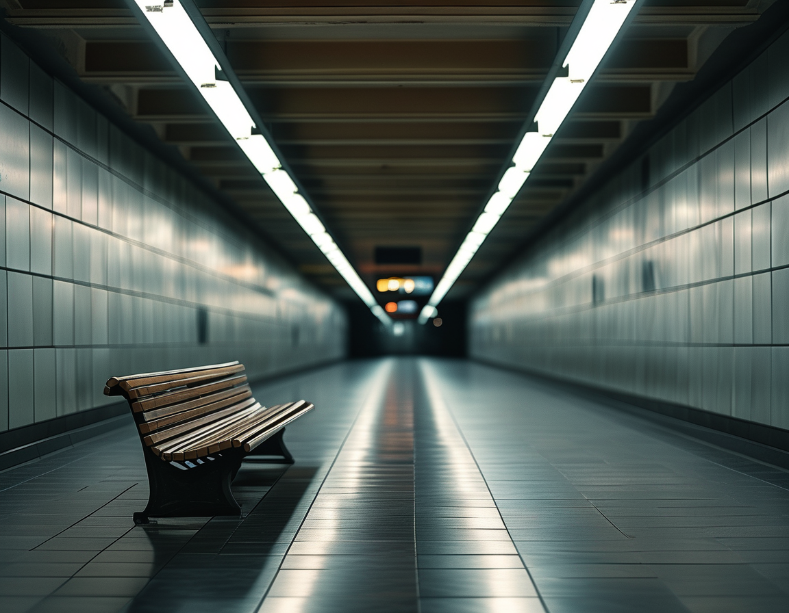 An empty subway station, dimly lit, emphasizing the isolation and anonymity of urban life, with a single bench as a symbol of lost identity.