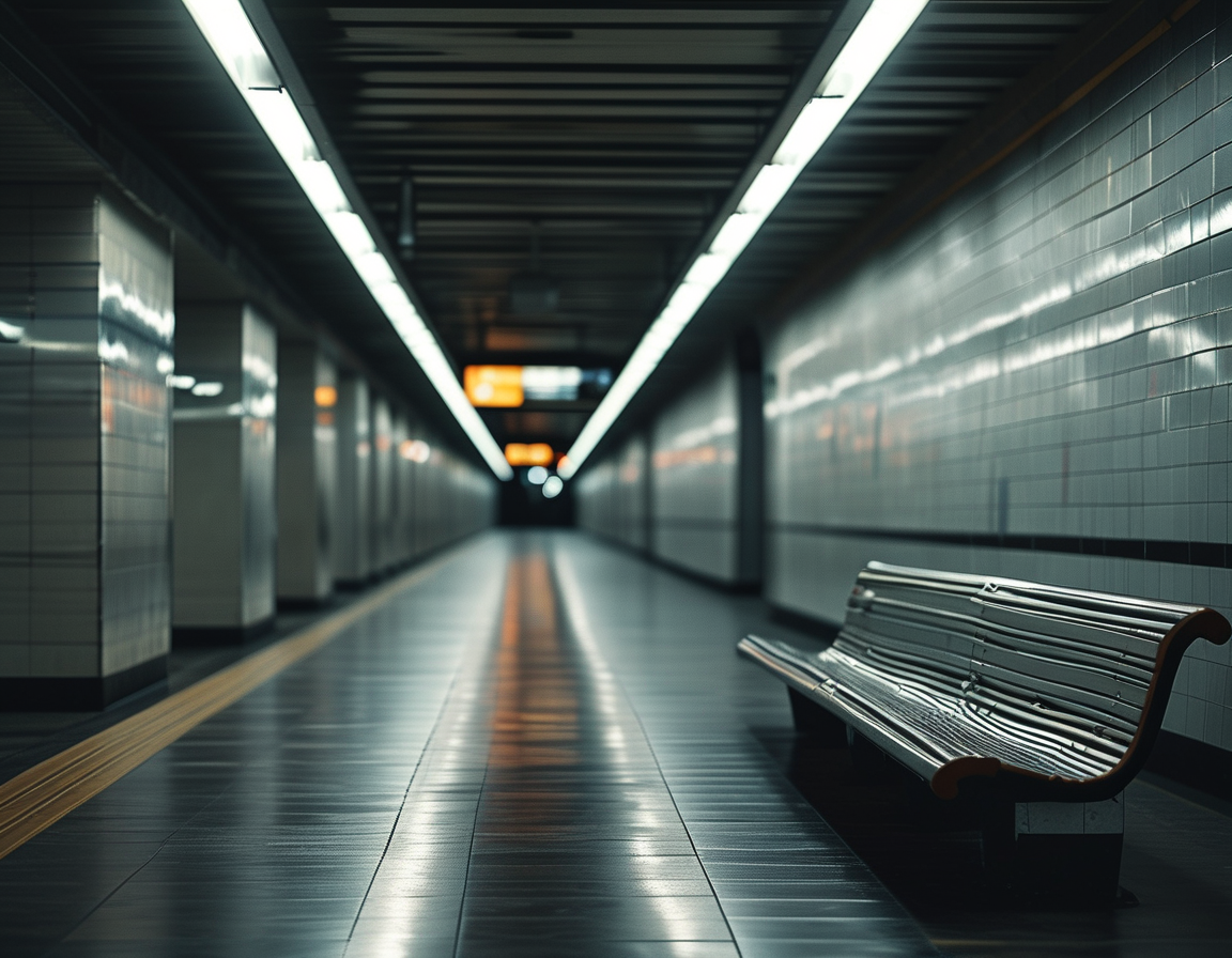 A silhouette of a woman standing on the subway platform, gazing down the tracks, with a backdrop of a bustling New York city train, capturing the juxtaposition of life and loss.