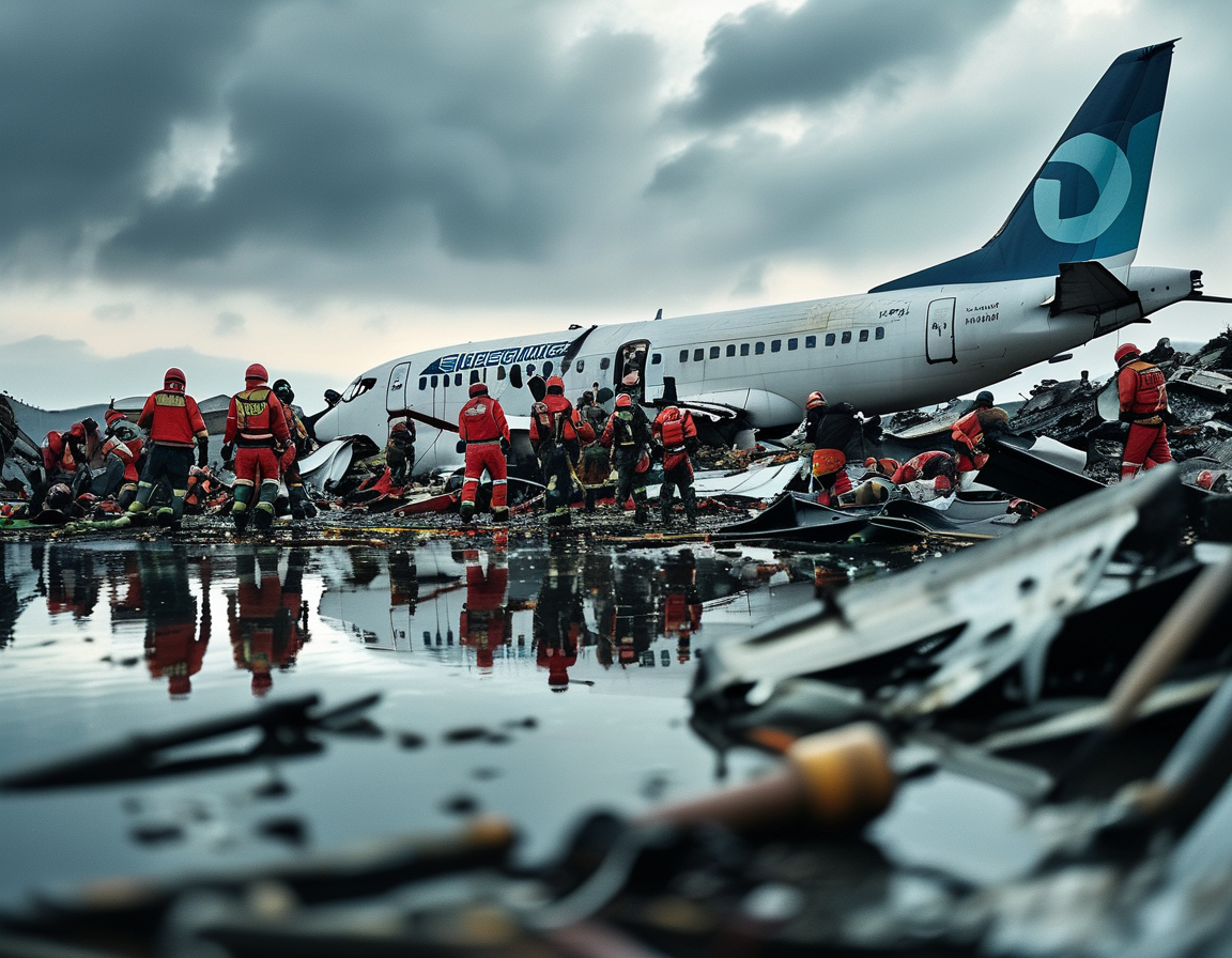A somber scene at the crash site of the Azerbaijan Airlines plane, with emergency responders working diligently amidst the wreckage under overcast skies, reflecting the gravity of the tragedy.