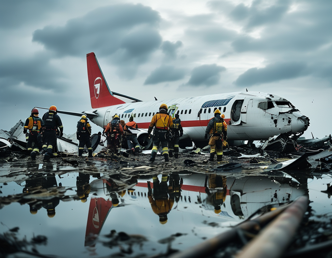 Rescue workers carry medical supplies and gear as they navigate through the debris of the crashed plane, showcasing their determination to assist survivors and search for answers.