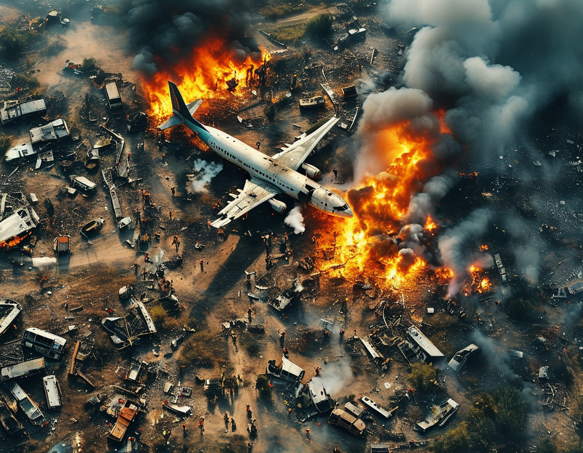 Aerial view of the crash site showing twisted wreckage of the plane engulfed in flames, with emergency responders working diligently to rescue survivors amidst smoke and debris.