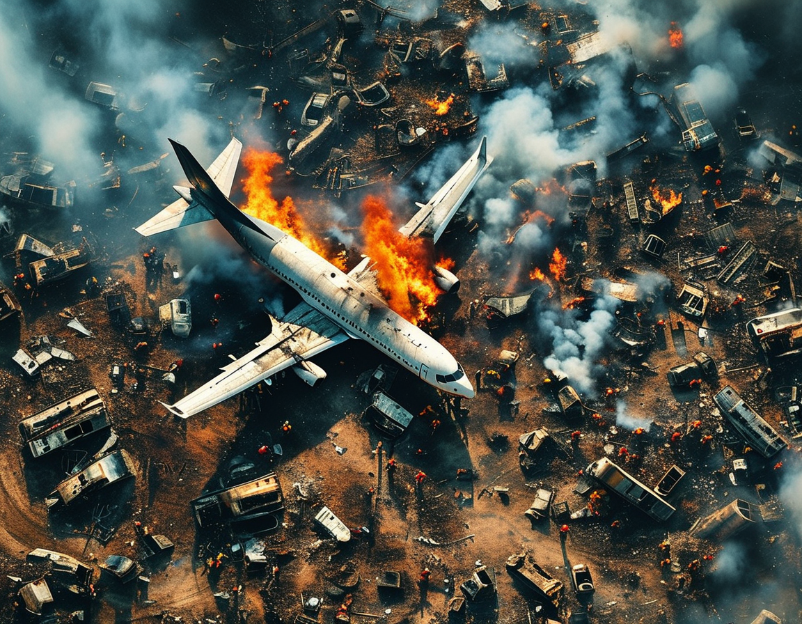 Close-up of emergency personnel assisting survivors amidst the chaotic aftermath of the plane crash, highlighting both fear and bravery as they help those in need.