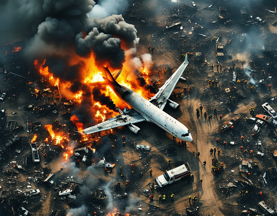 A somber scene capturing smoke rising from the crash site, with investigators examining the wreckage, symbolizing the mystery and ongoing search for answers in this tragedy.