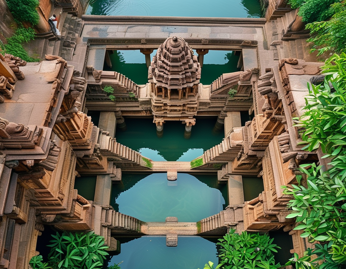 An aerial view of Rani Ki Vav illustrating its seven levels, intricate sculptures, and the serene water at the base, surrounded by lush greenery.