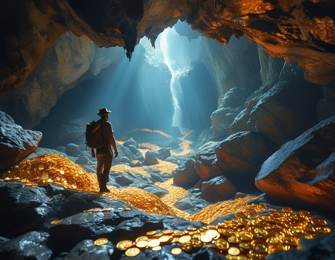 An adventurer stands at the edge of a treasure cave, peering in with a mix of excitement and fear as a snake coils around ancient gold coins inside. The dim light reflects off the gleaming treasures, enhancing the sense of danger and adventure.